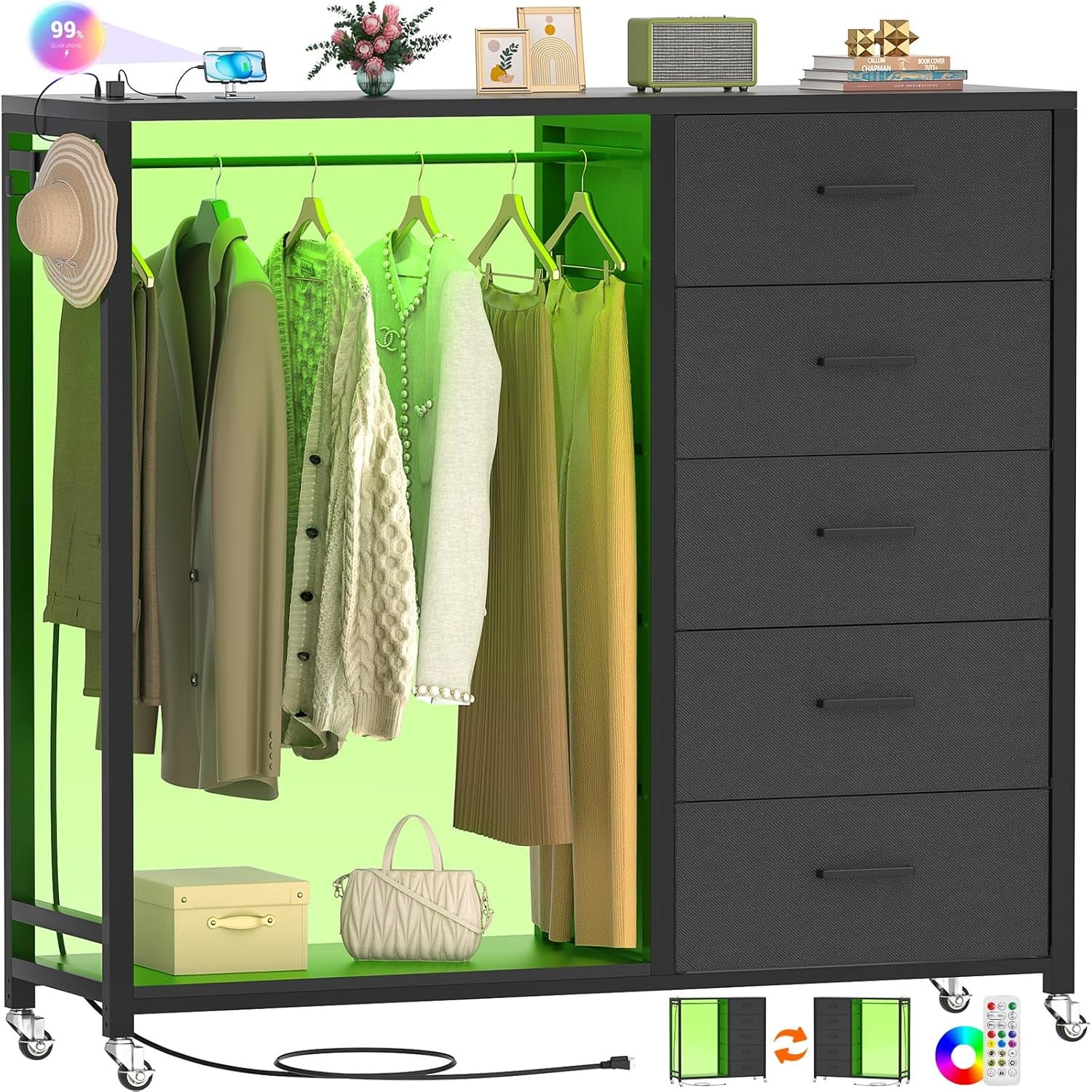 Dresser for Bedroom with Clothes Rack, 5 Drawers Dresser with Charging Station & LED Lights, Black Storage Chest of Drawers with Wheels, Wooden Top, Lockable Wheels, Bedroom, Closet, Black-0
