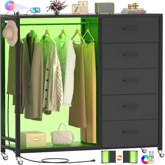 Dresser for Bedroom with Clothes Rack, 5 Drawers Dresser with Charging Station & LED Lights, Black Storage Chest of Drawers with Wheels, Wooden Top, Lockable Wheels, Bedroom, Closet, Black-0