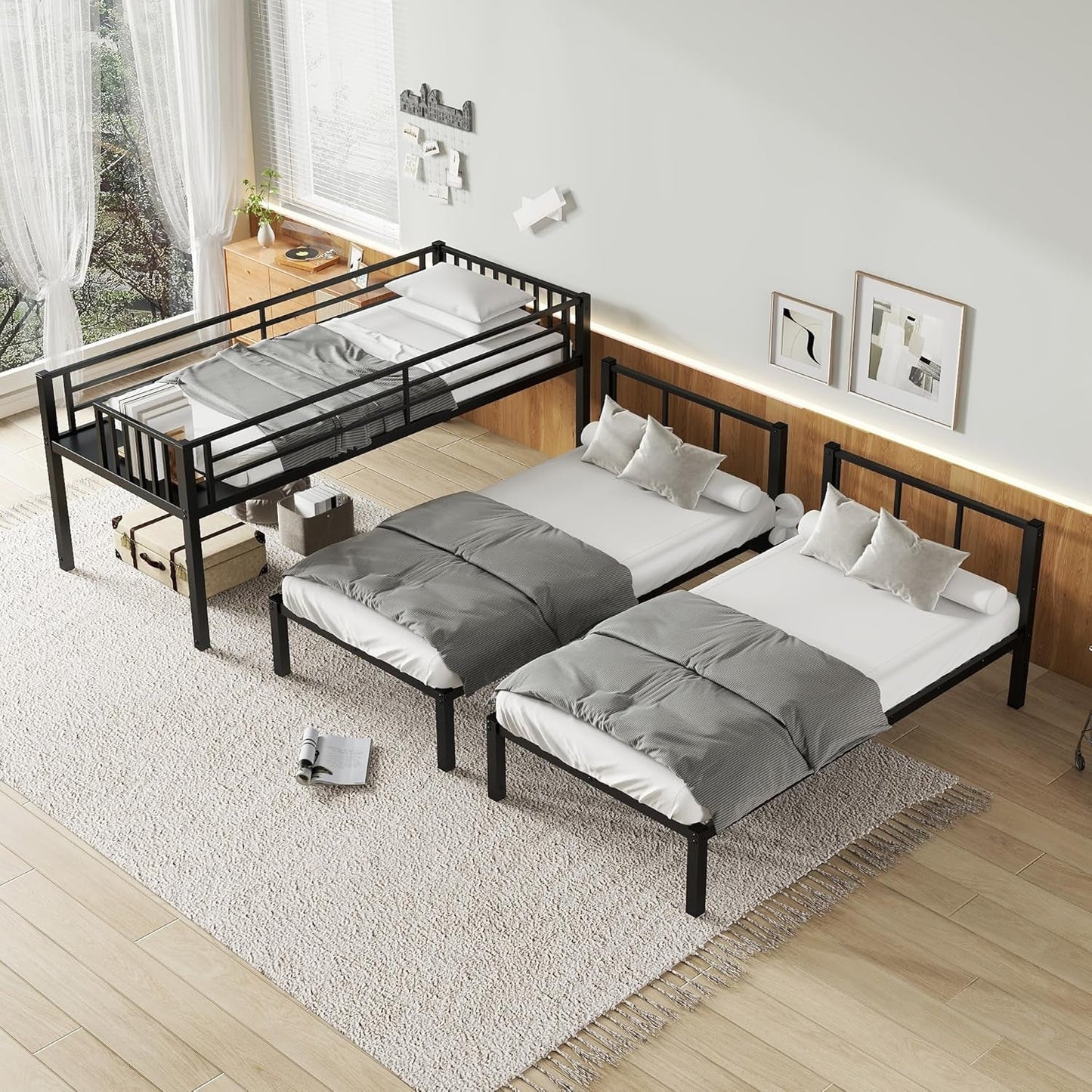 Twin over Twin over Twin Bunk Bed for 3 Kids, Heavy Duty Triple Bunk Bed with Guardrails and Ladder, Twin over Twin over Twin Triple Bunk for Kids, Teens, Black-3