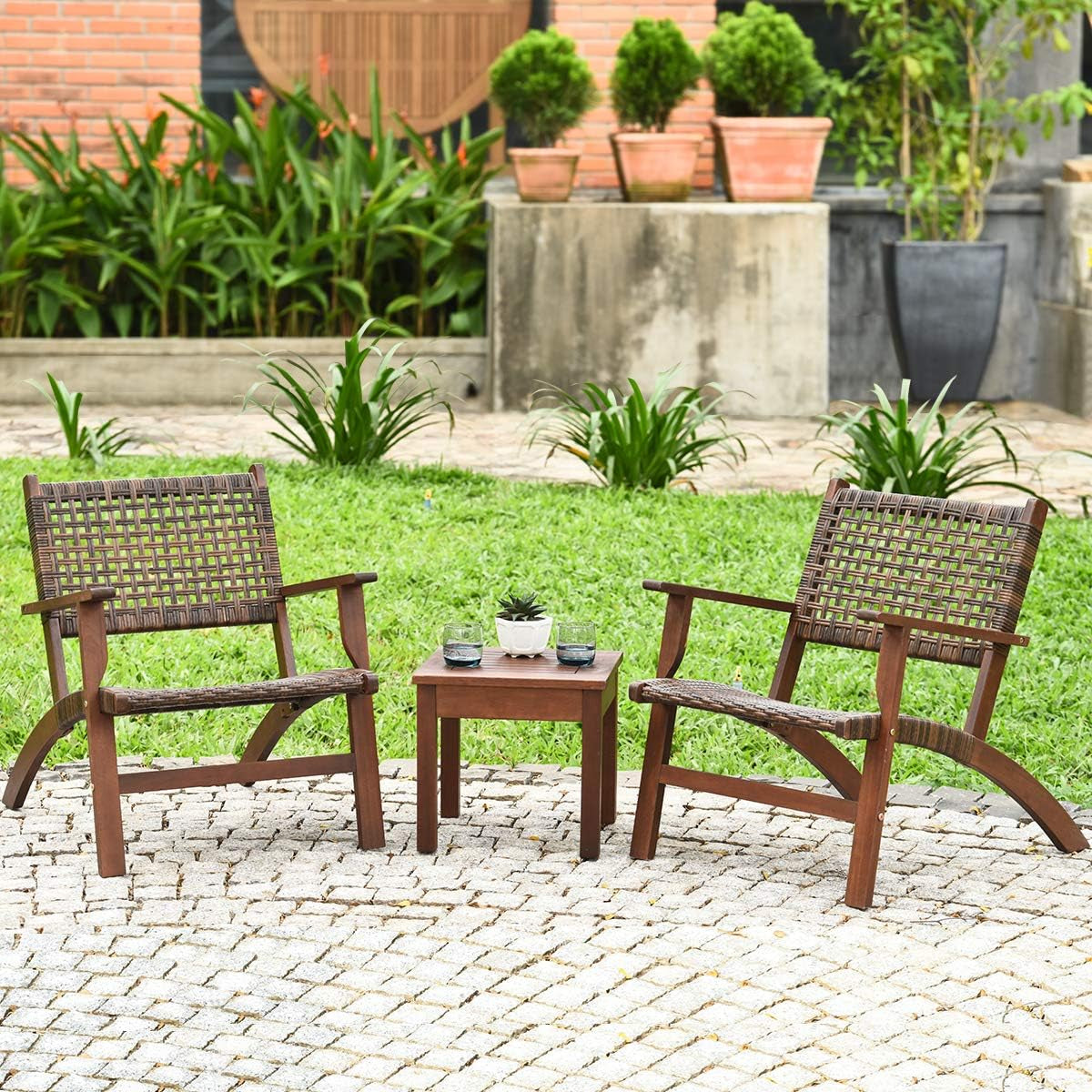 3 PCS Patio Conversation Set, Solid Eucalyptus Wood Frame Outdoor Wicker Furniture Set Bistro Set with Coffee Table, Rattan Furniture Set for Backyard Porch Garden Poolside Balcony (Brown)-2