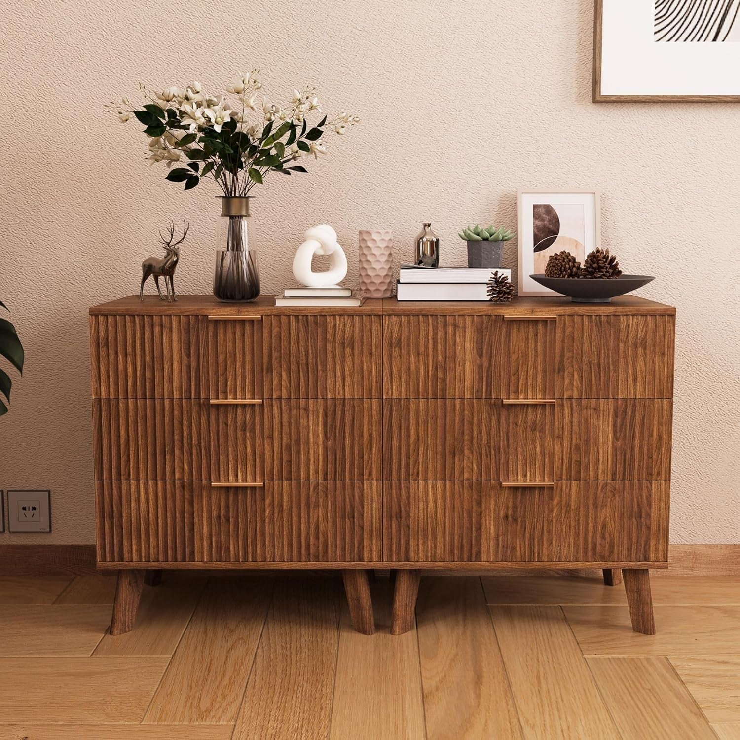 Fluted 3 Drawer Dressers, Modern Closet Dressers Chest of Drawers, Wood Storage Dresser Chest of Drawers Organizer for Bedroom Living Room Hallway Closet, Walnut, 2 Sets-0