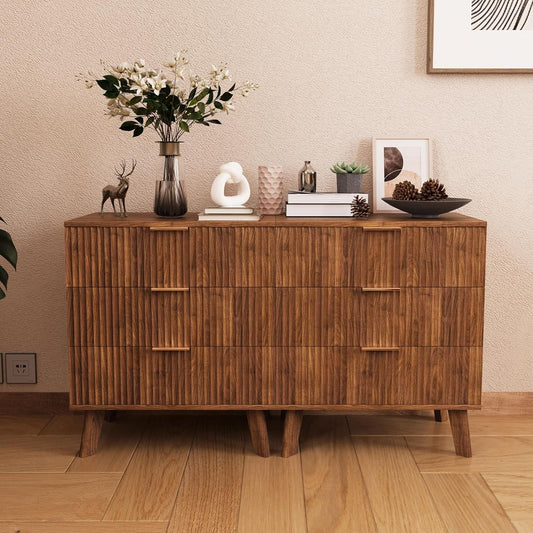 Fluted 3 Drawer Dressers, Modern Closet Dressers Chest of Drawers, Wood Storage Dresser Chest of Drawers Organizer for Bedroom Living Room Hallway Closet, Walnut, 2 Sets-0