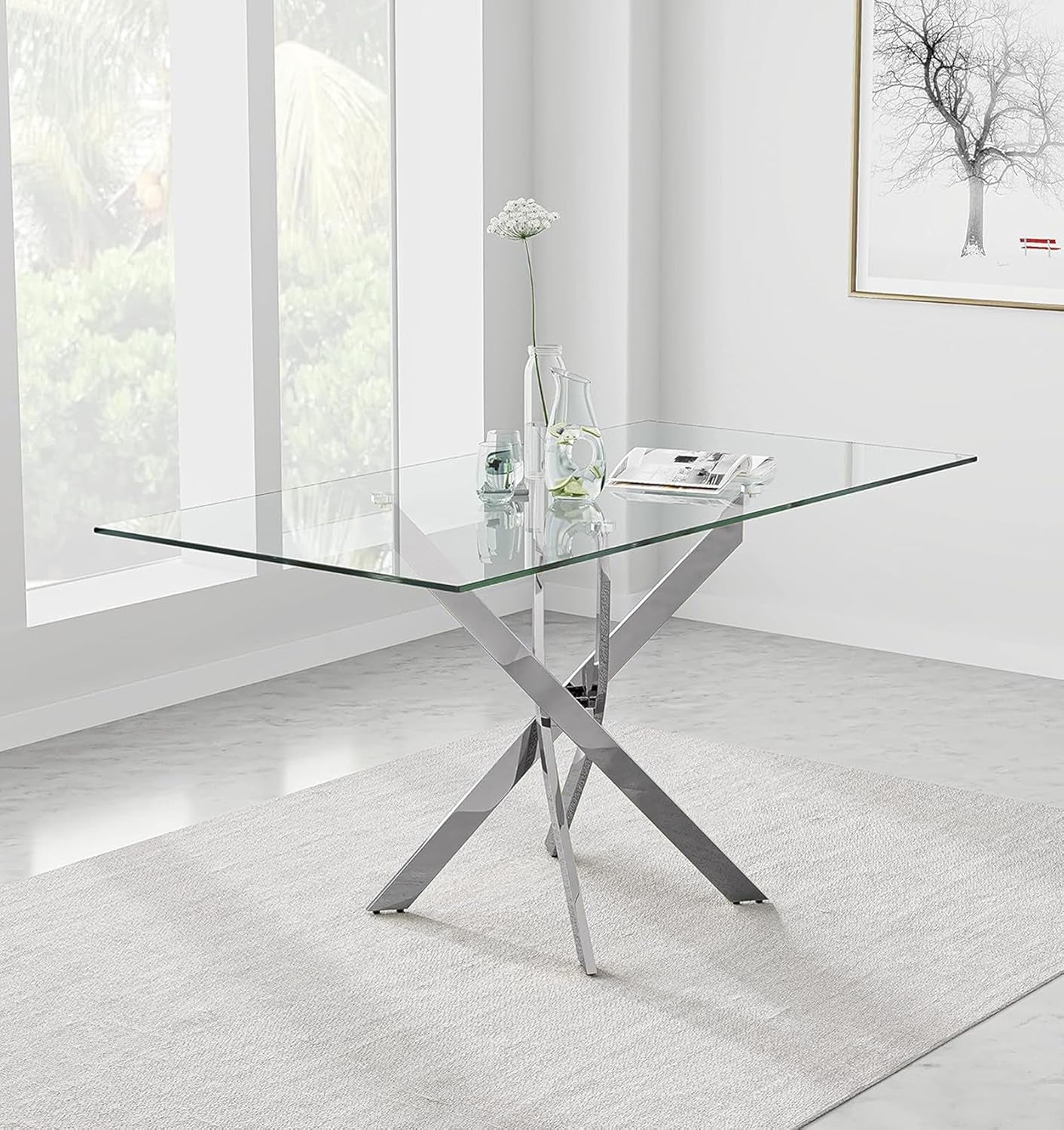 Tempered Glass Dining Table with Chromed Legs, 47In Rectangular Kitchen Table for Kitchen Dining Room Home Office (47.24 * 27.55, White/Silver)-4