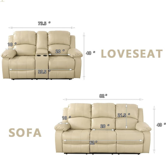 Bonded Leather Living Room Furniture Set Reclining Sofa Set Loveseat Furniture Sets in Living Room Sofa Recliners (Sofa+Loveseat, Beige)-1