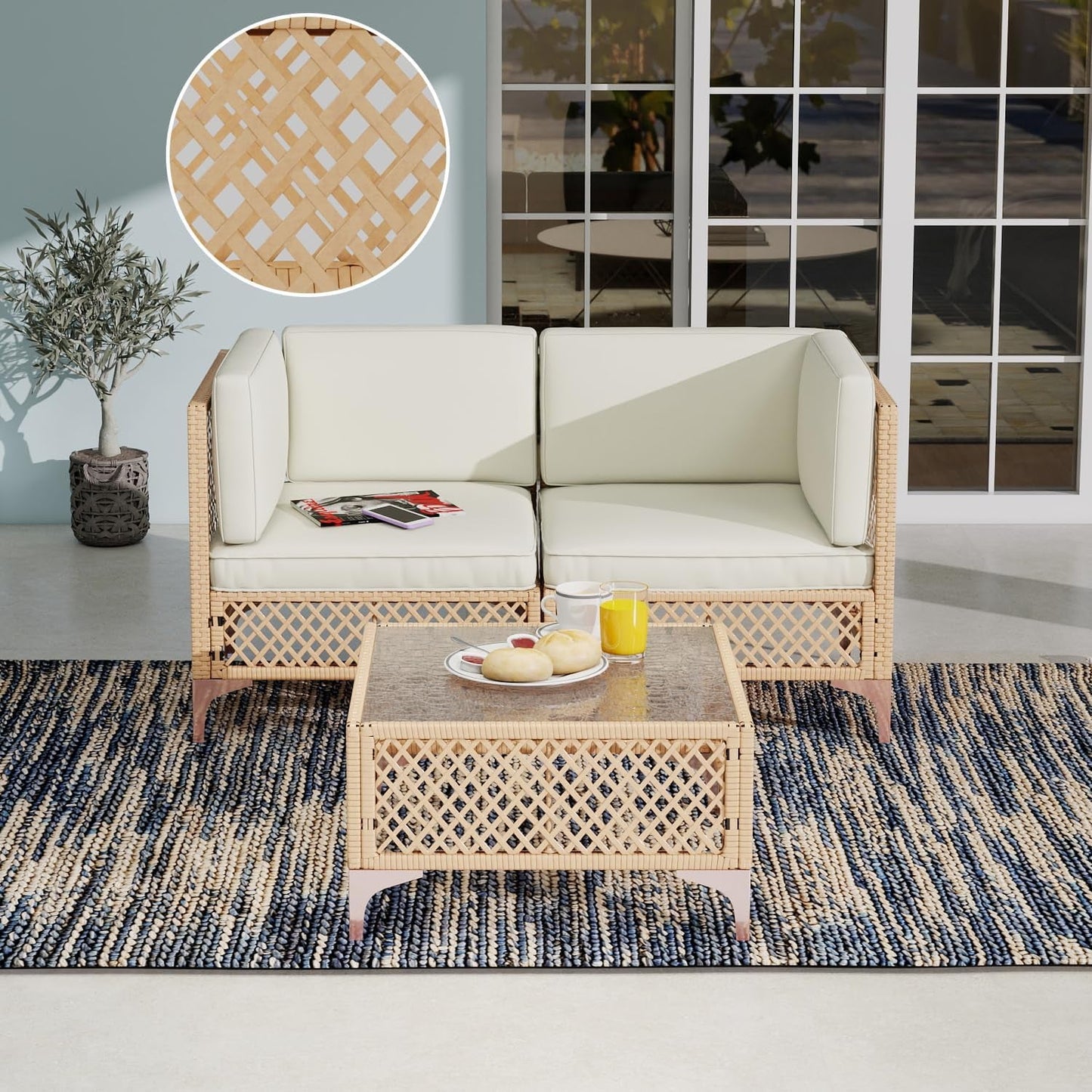 Wicker Outdoor Patio Loveseat , Bohemia Patio Sectional Furniture Set, All-Weather Rattan Patio Couch 2 Seater with Lumbar Pillows, Outdoor Sofa with Large Coffee Glass Table for Patio, Balcony-0