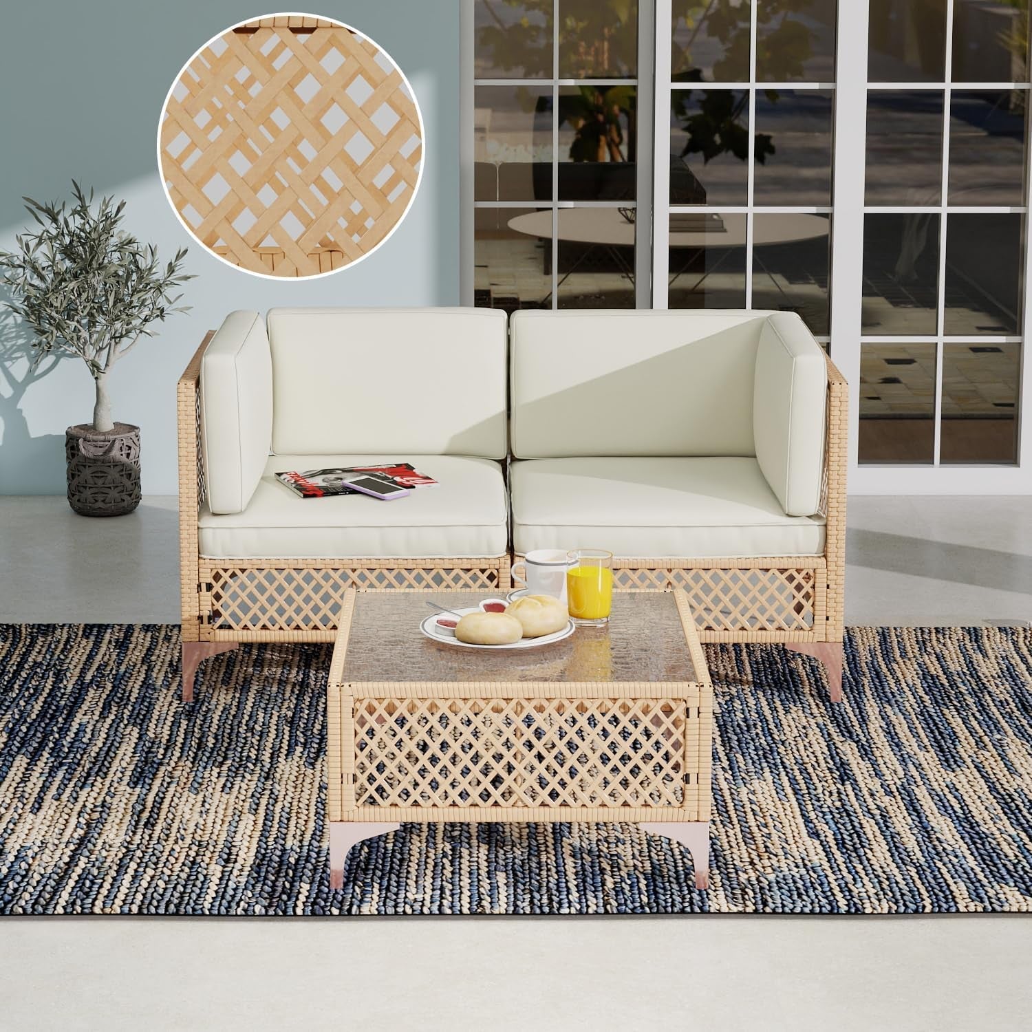 Wicker Outdoor Patio Loveseat , Bohemia Patio Sectional Furniture Set, All-Weather Rattan Patio Couch 2 Seater with Lumbar Pillows, Outdoor Sofa with Large Coffee Glass Table for Patio, Balcony-0