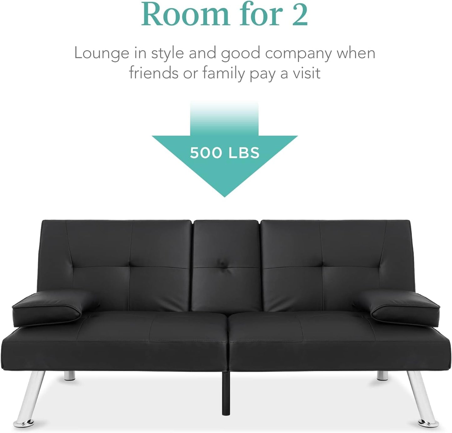 Faux Leather Upholstered Modern Convertible Futon, Adjustable Folding Sofa Bed, Guest Bed W/Removable Armrests - Black-3