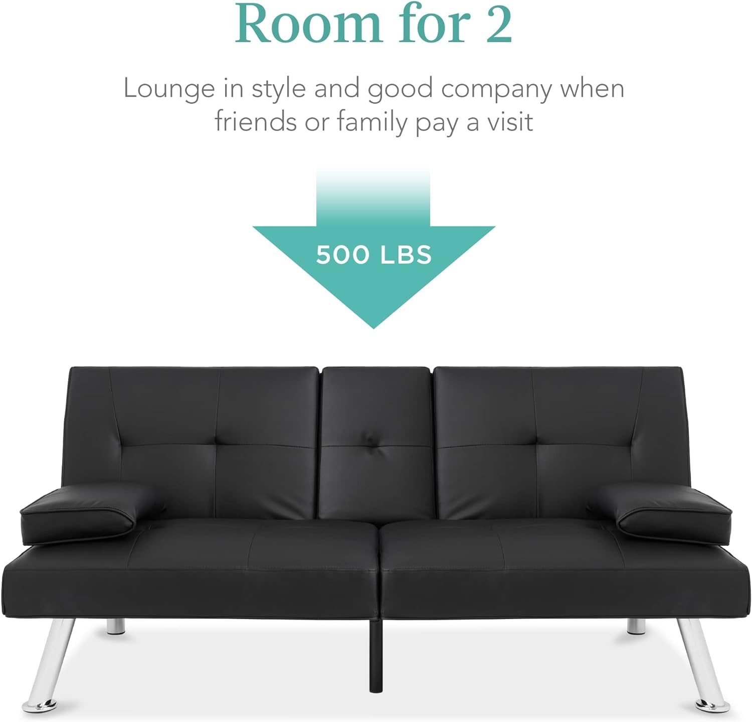 Faux Leather Upholstered Modern Convertible Futon, Adjustable Folding Sofa Bed, Guest Bed W/Removable Armrests - Black-3