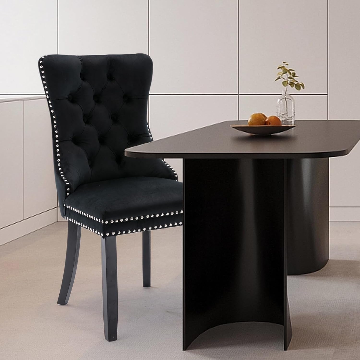Velvet Upholstered Dining Chairs Set of 4, Modern Style Kitchen Side Chairs with Nailhead Trim and Wood Legs,Metal Pulling Ring for Dining Room Living Room(Black,Set of 4)-3