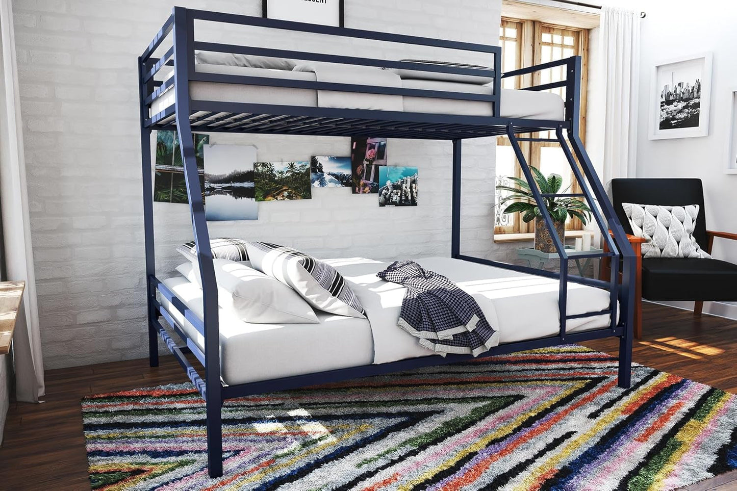 Maxwell Twin-Over-Full Metal Bunk Bed with Ladder and Guardrails, Navy Blue-0