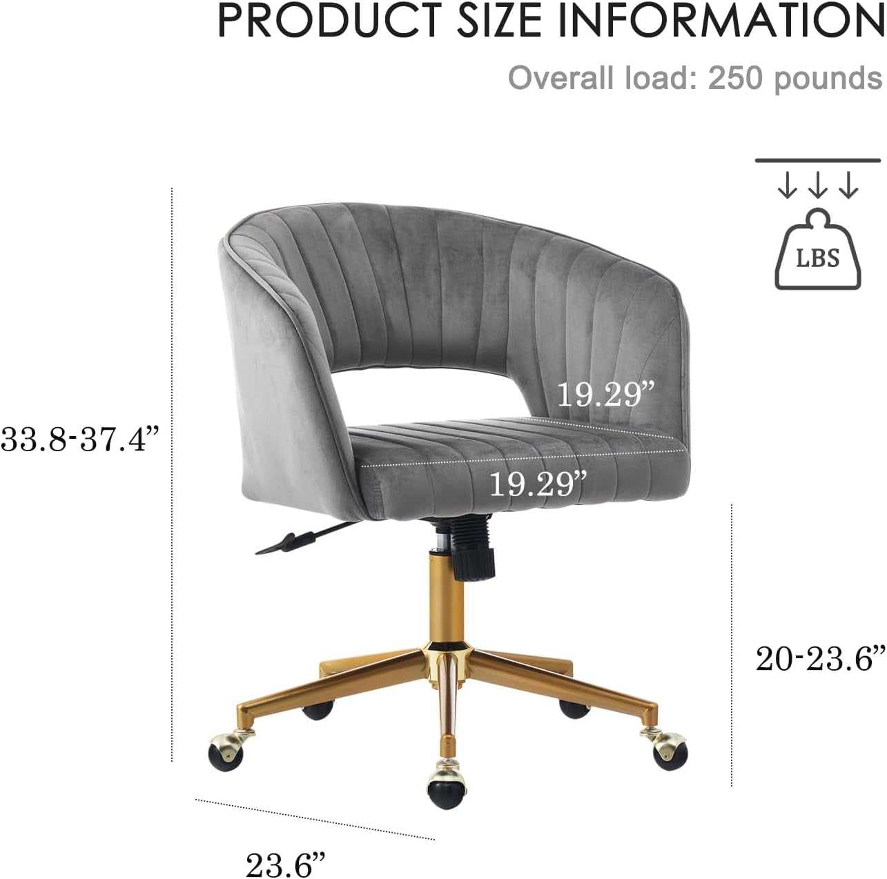 Home Office Chair Swivel Velvet Desk Chair, Vanity Chair with 360 Swivel Armchair and Gold Base,For Living Room, Bedroom, Vanity, Study (Grey)-2
