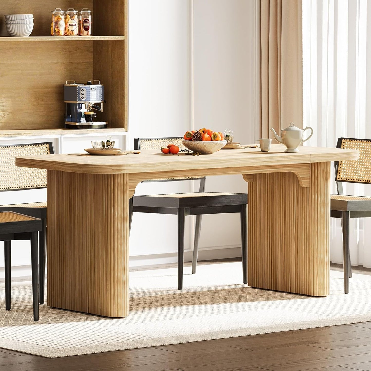 Farmhouse Dining Table for 4-6 People, 62-Inch Modern Kitchen Table with Double Robust Pedestal, Long Rectangular Wooden Dinner Table for Dining Room (Only Table) (Natural)-4