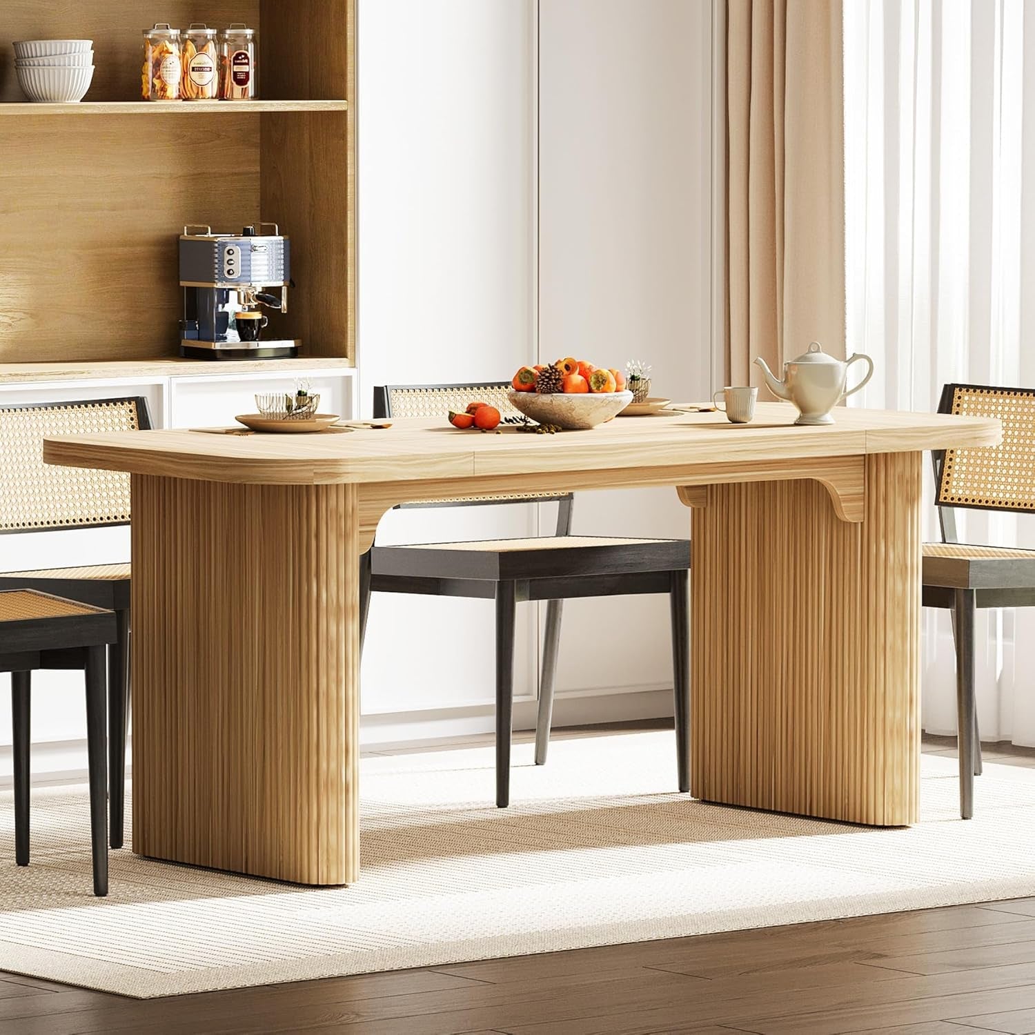 Farmhouse Dining Table for 4-6 People, 62-Inch Modern Kitchen Table with Double Robust Pedestal, Long Rectangular Wooden Dinner Table for Dining Room (Only Table) (Natural)-4