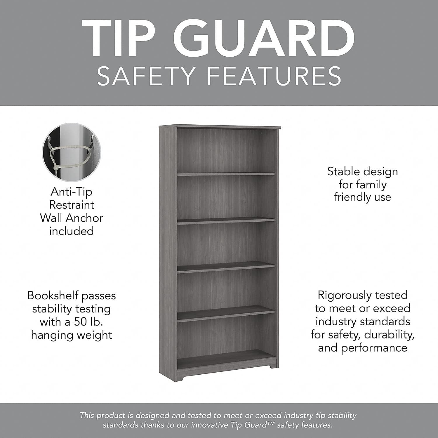 Bush Furniture Cabot Tall 5 Shelf Bookcase | Large Open Bookshelf in Modern Gray | Sturdy Display Cabinet for Library, Living Room, and Home Office-4