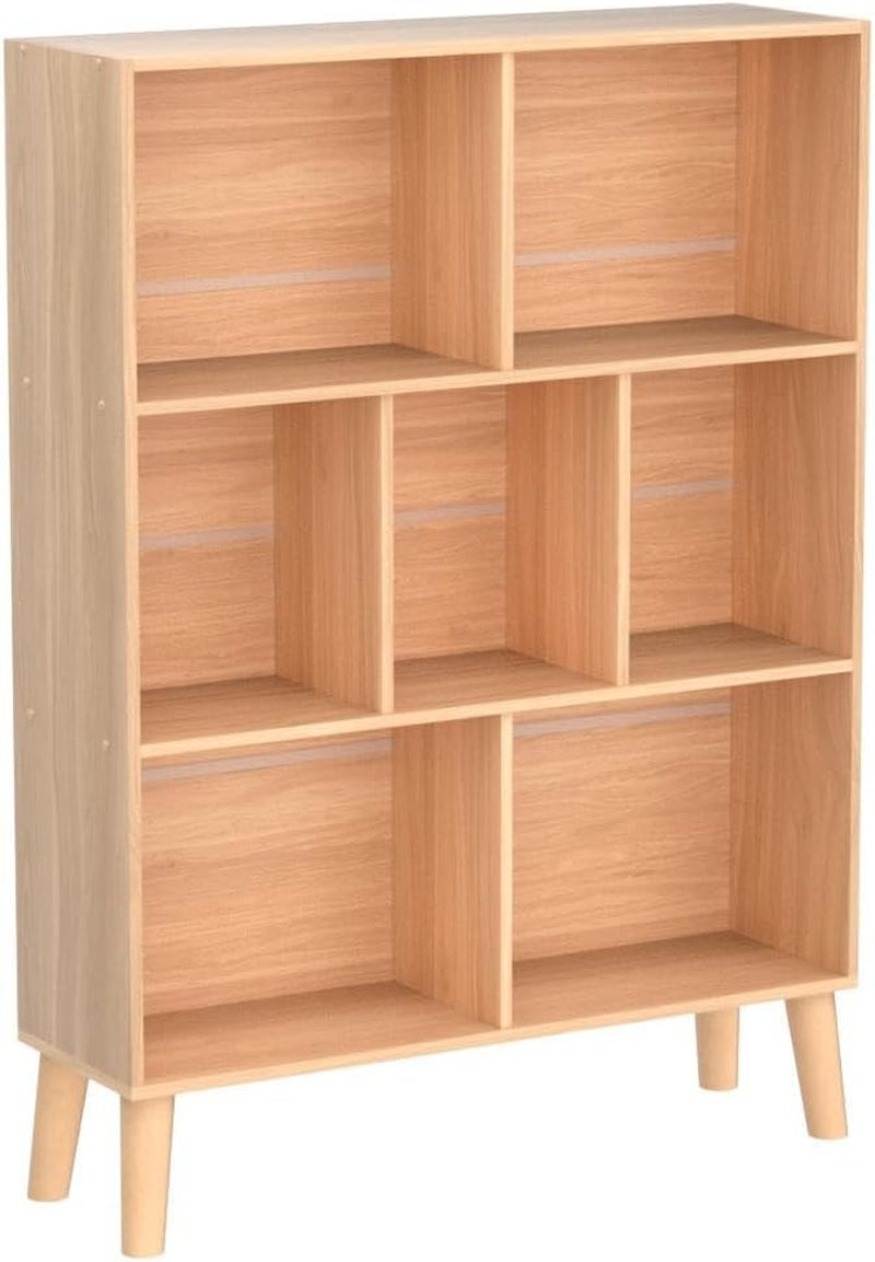 Wooden 7 Cube Book Shelf, Natural 3 Tier Bookshelf with Legs, Modern Open Storage Organizer,Boho Bookcase,Display Cabinet Shelf Free Standing Bookshelves for Bedroom,Living Room,Office-4