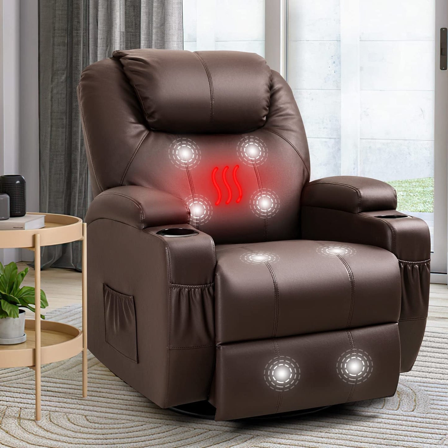 PU Leather Recliner Chair with Massage and Heat (Brown)-1