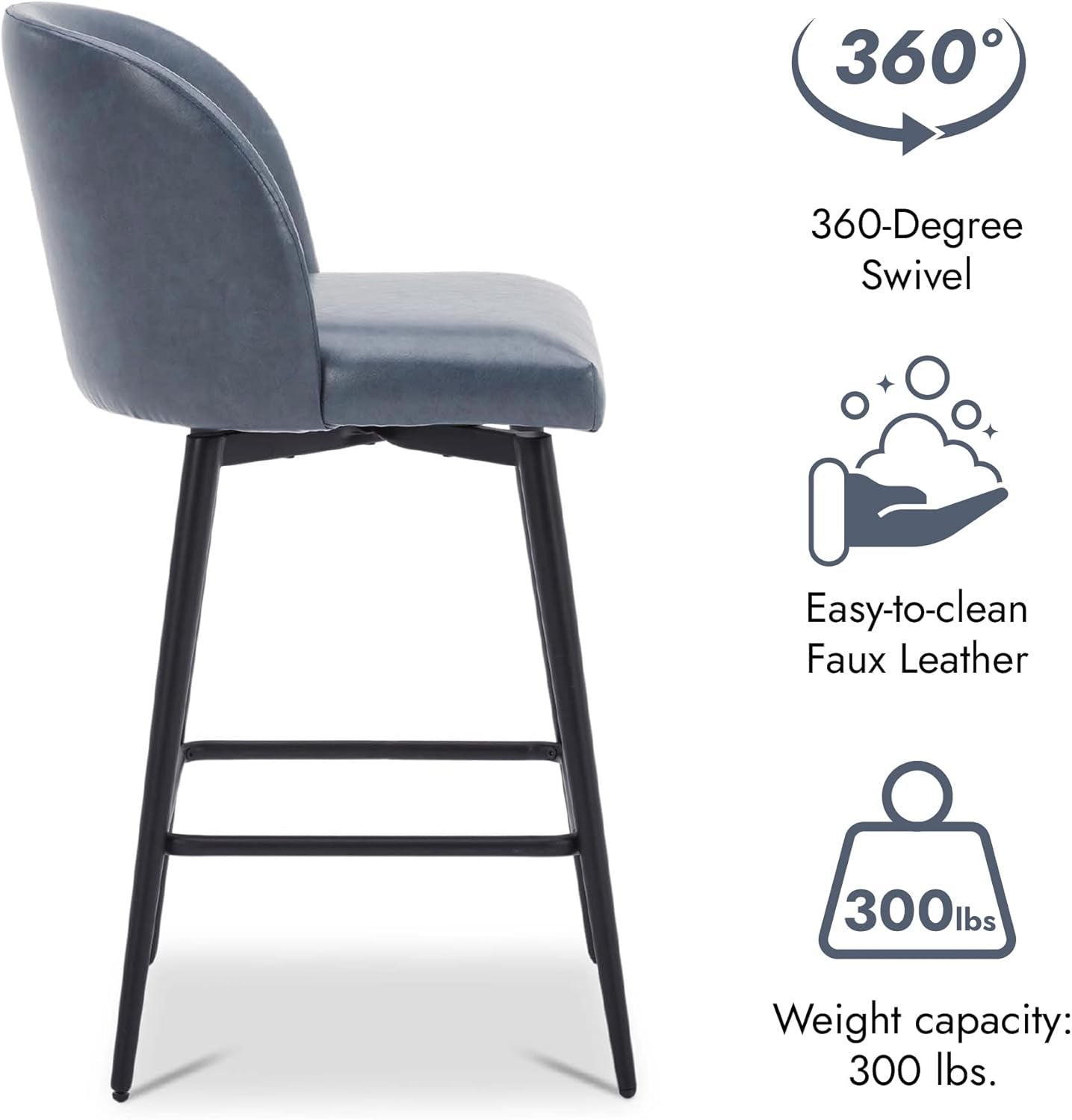 Counter Height Bar Stools Set of 3, 360° Swivel Upholstered Barstools with Backs and Metal Legs, 26" H Seat Height, Faux Leather in Blue-3