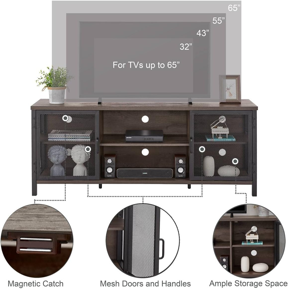 Industrial Entertainment Center for Tvs up to 55 60 65 Inch, Rustic Wood TV Stand, Large TV Console and TV Cabinet for Living Room (60 Inch Wide, Walnut Brown)-4