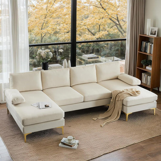 110" Modern U Shaped Sectional Couch with 51"D Double Chaise for Living Room, Beige Deep Seat Sectional Sofa Sets with 5.9" Thickness Seating Padding for Home Furniture,Linen Fabric,Metal Legs-0
