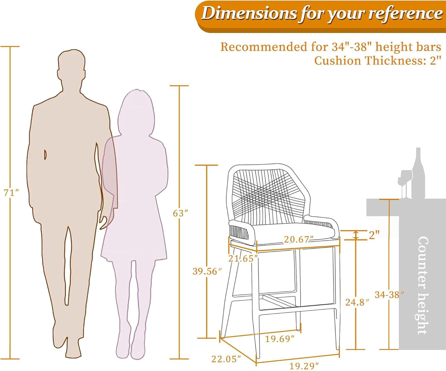 Counter Height Bar Stools Set of 4 Rattan Wicker Outdoor Metal Boho Barstools with Back and Footrest Patio Garden Balcony Pool Bar Chairs-2