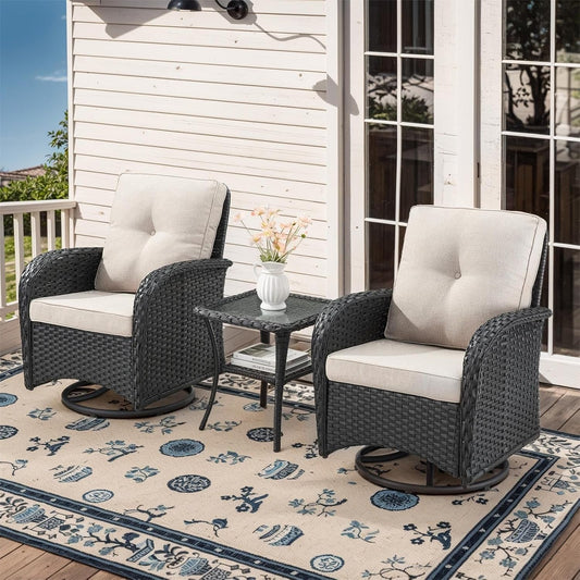 3 Pieces Black Wicker Patio Furniture Outdoor Swivel Rocker Patio Glider Chairs Set of 2 with Side Table Beige Cushion-0