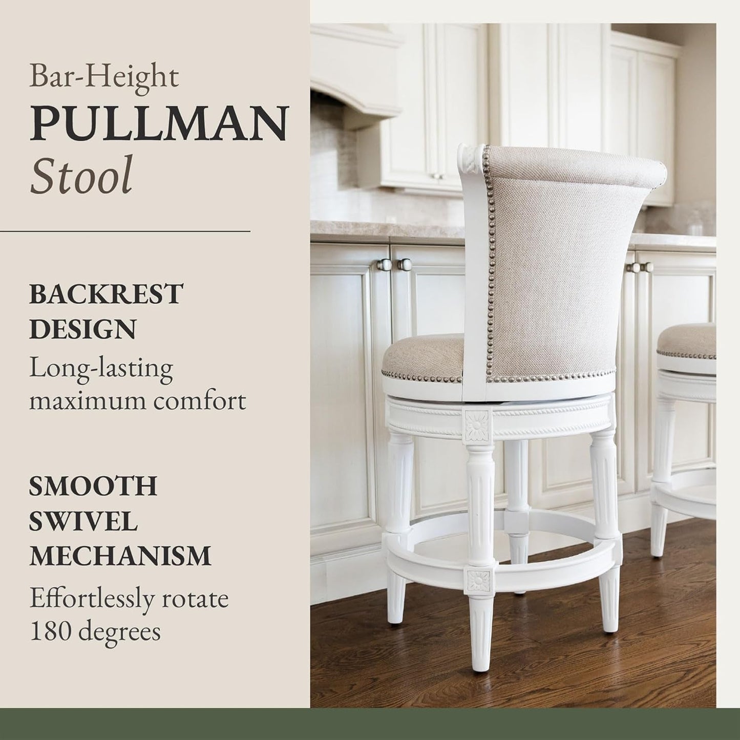 Pullman 31 Inch Tall Bar Height Upholstered Barstool with Back in Alabaster White Finish with Cream Fabric Cushion Seat, Set of 4-3