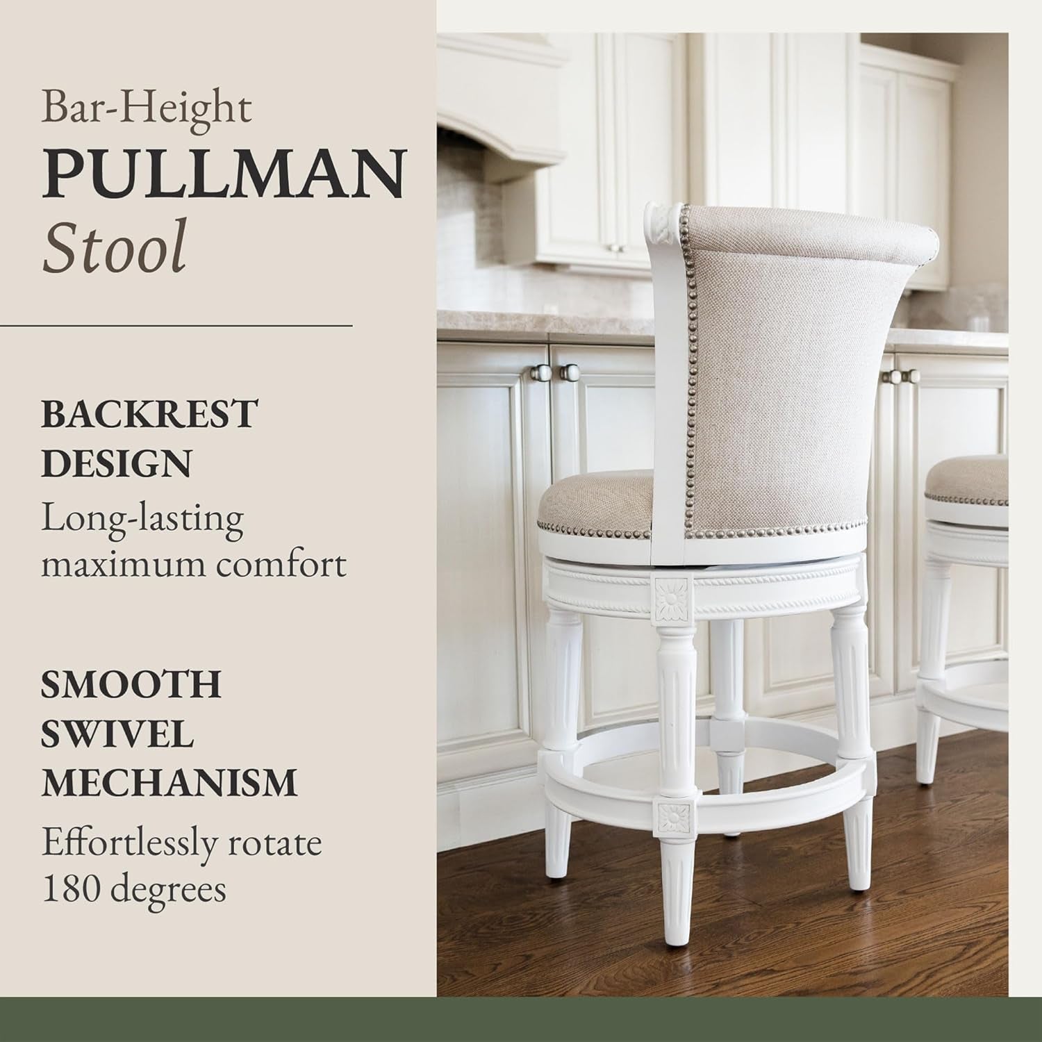 Pullman 31 Inch Tall Bar Height Upholstered Barstool with Back in Alabaster White Finish with Cream Fabric Cushion Seat, Set of 4-3