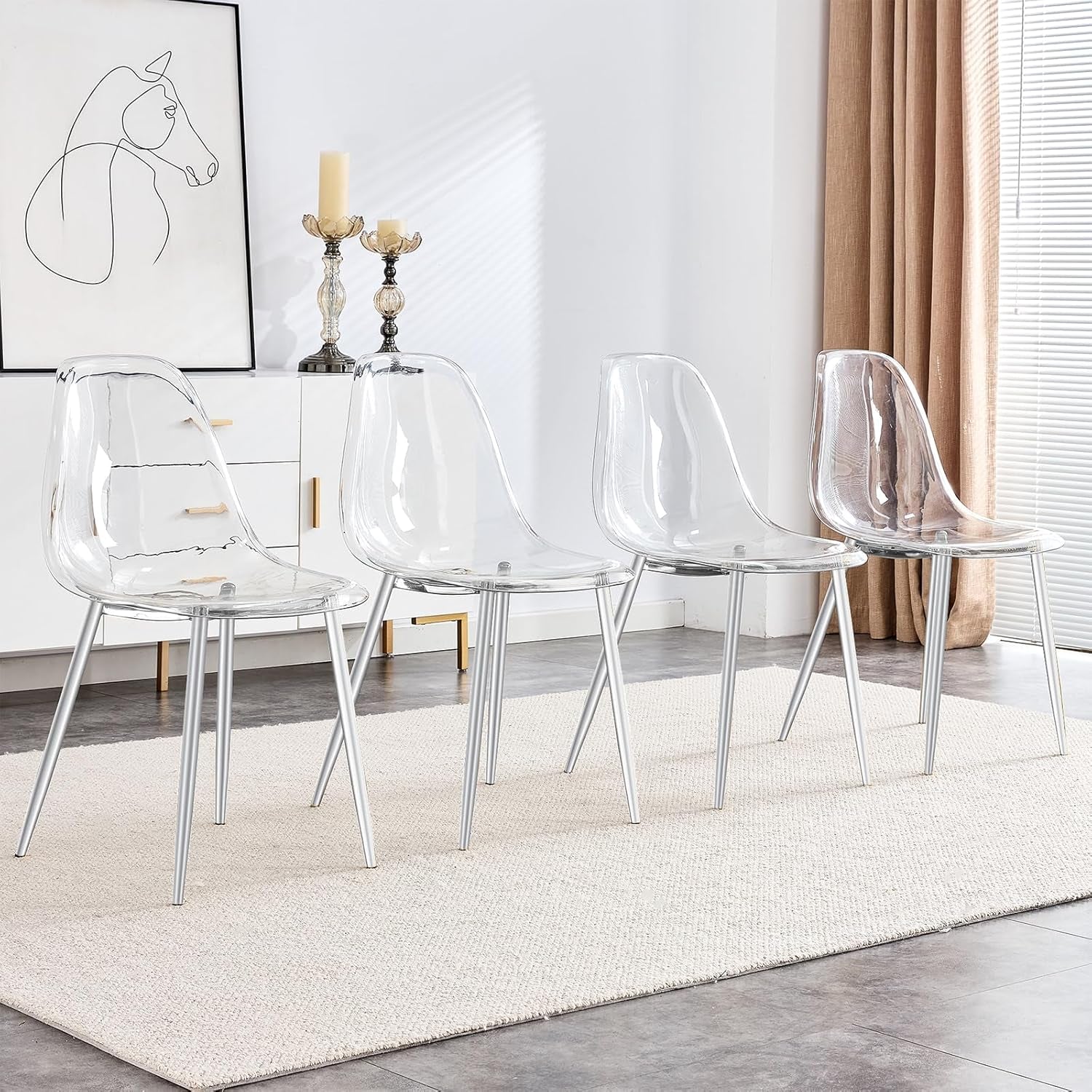 Clear Dining Chairs Set of 4, Modern Kitchen Chairs with Transparent Seat, Acrylic Accent Side Chairs with Metal Legs for Dining Room, Kitchen, Living Room with Silver-0