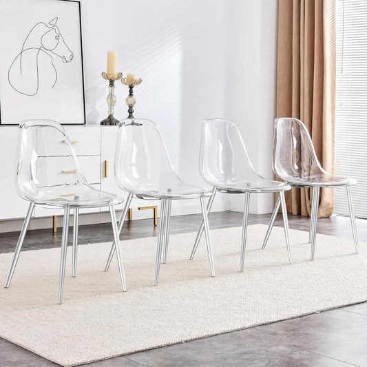 Clear Dining Chairs Set of 4, Modern Kitchen Chairs with Transparent Seat, Acrylic Accent Side Chairs with Metal Legs for Dining Room, Kitchen, Living Room with Silver-0