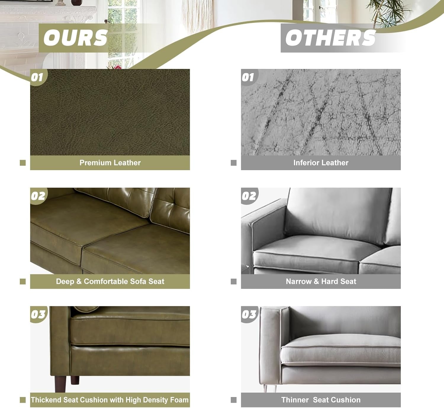 2 Pieces Faux Leather Couch Set, Upholstered 3 Seat & Loveseat Sofa with Bolster Pillows, Mid Century Modern Couch Set with Wooden Legs for Living Room, Bedroom, Office. Olive Green-4