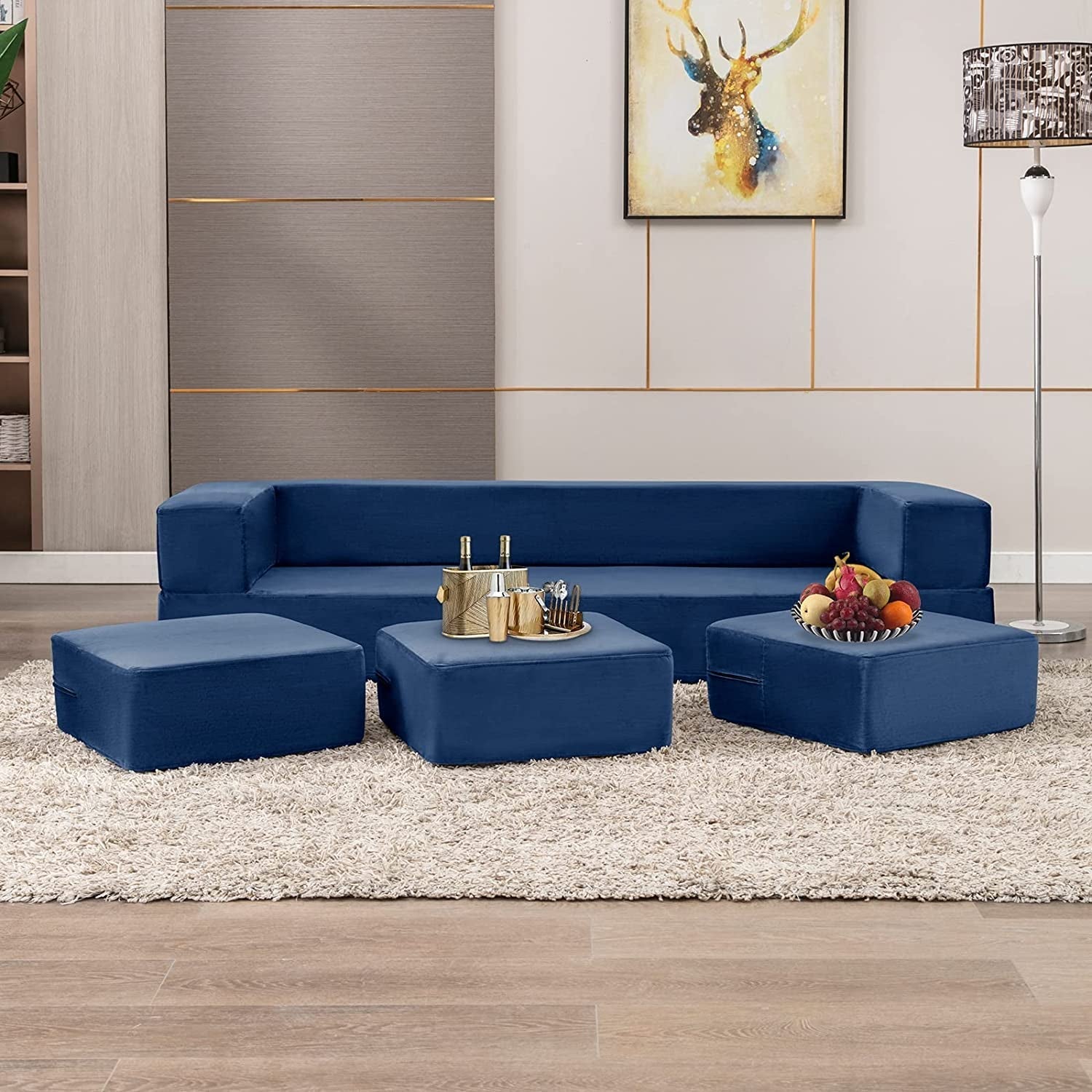 Blue Velvet Futon Sofa Bed with Ottomans-1