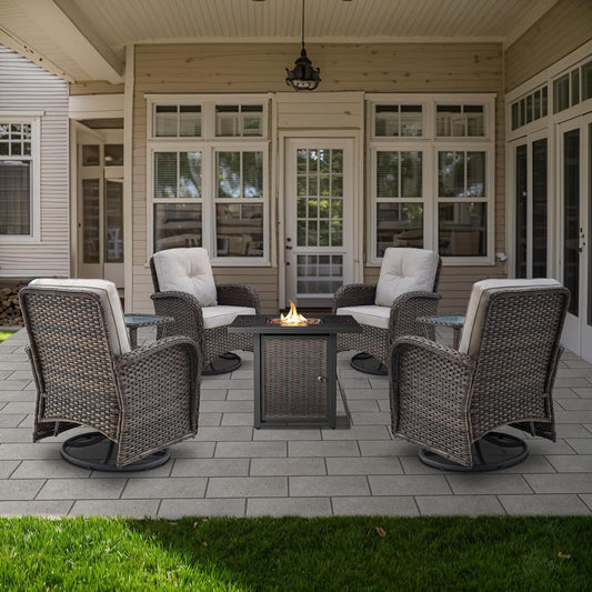 7 Pieces Patio Furniture Set with Fire Pit Table - 4 Outdoor Swivel Rocker Chairs with 50000BTU Propane Fire Table and 2 Side Table, Outdoor Conversation Set for Casual Gathering Brown-1