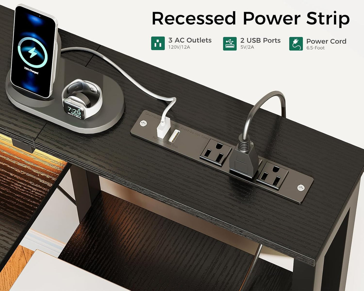 48-Inch Gaming Desk with Power Outlets & LED Light, Reversible PC Desk with Fabric Drawer and File Cabinet, Computer Desk with Keyboard Tray, Table with Full Monitor Riser and PC Stand, Black-4