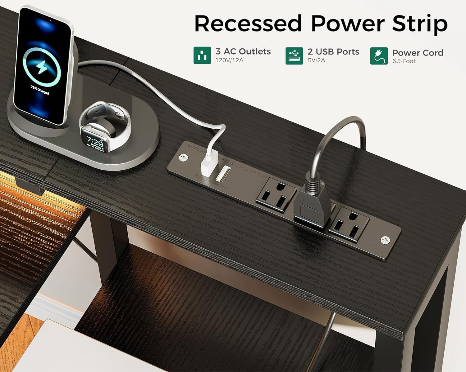 48-Inch Gaming Desk with Power Outlets & LED Light, Reversible PC Desk with Fabric Drawer and File Cabinet, Computer Desk with Keyboard Tray, Table with Full Monitor Riser and PC Stand, Black-4