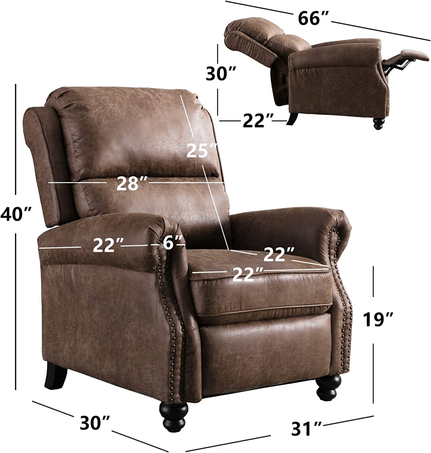 Pushback Recliner Chair, Leather, Rivet Decoration, Chocolate-1