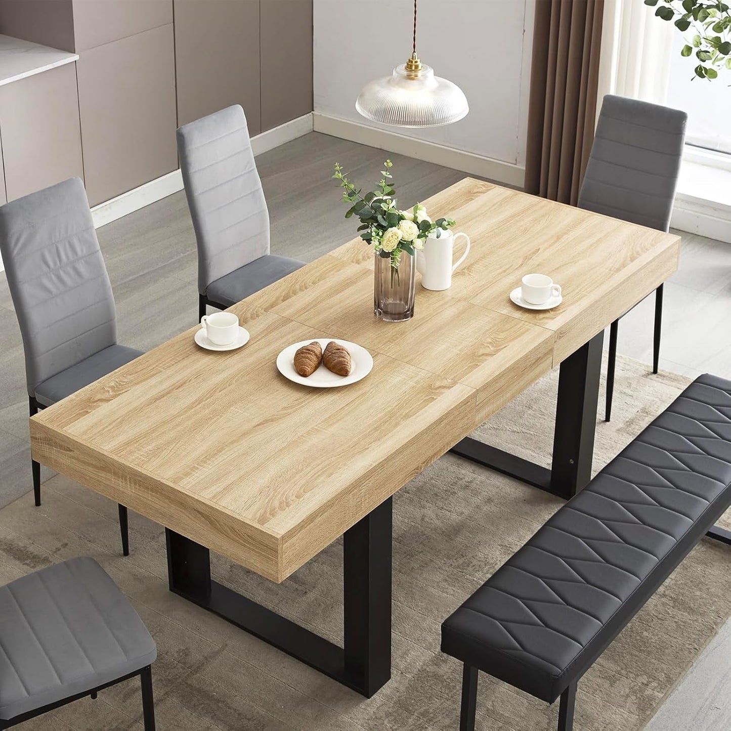 63”-79” Extendable Dining Room Table, Modern Farmhouse Wooden Kitchen Table, Long Expandable Dining Table for 6 8 10, Large Expanding Table Conference Table (Rustic Oak)-0