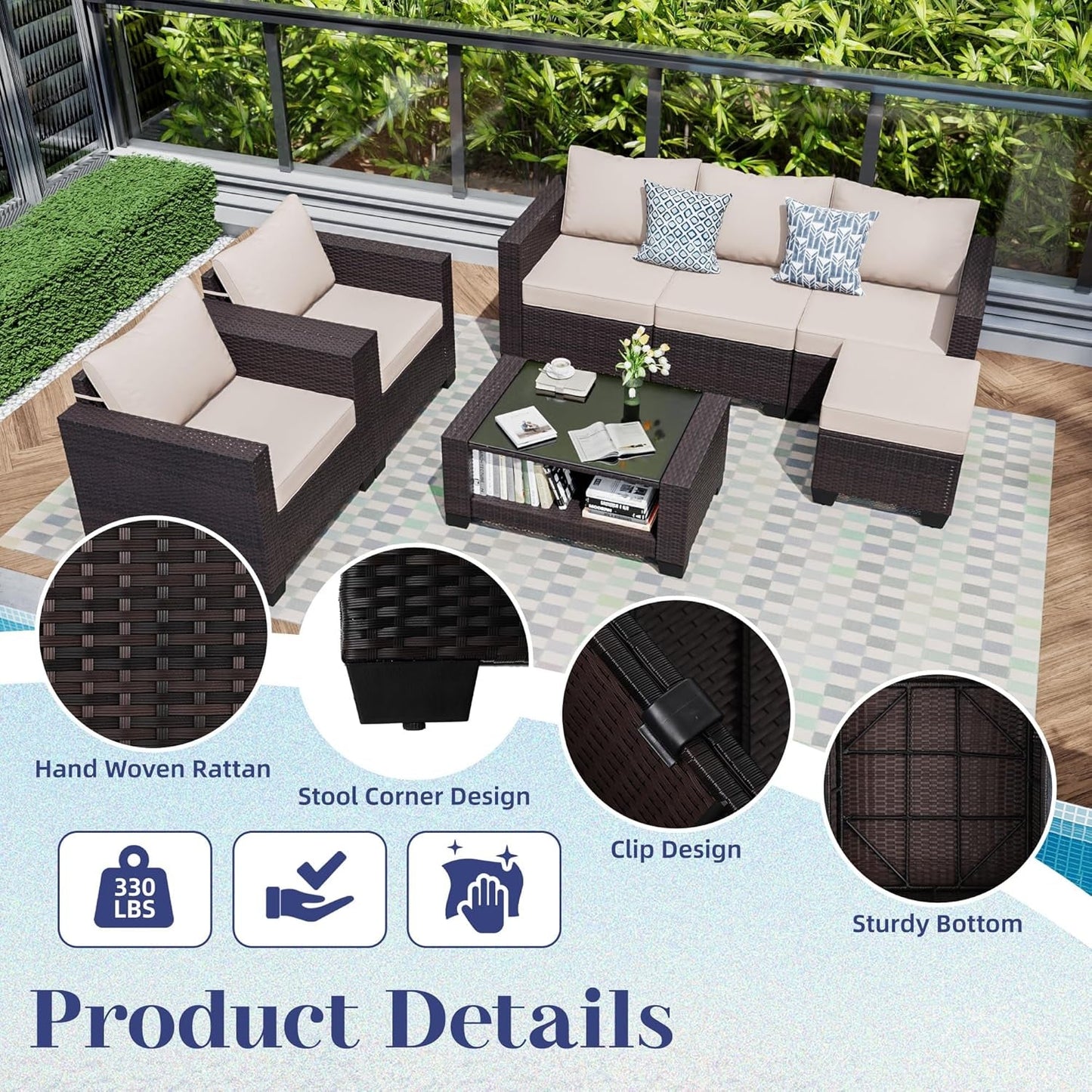 Patio Furniture Set 7 Pieces Conversation Sets, Outdoor Sectional Sofa, All-Weather PE Rattan Modular Sofa with Cushions and Glass Coffee Table（Brown/Beige,C）-2