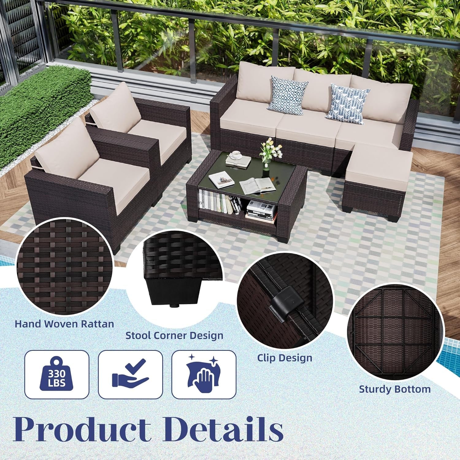 Patio Furniture Set 7 Pieces Conversation Sets, Outdoor Sectional Sofa, All-Weather PE Rattan Modular Sofa with Cushions and Glass Coffee Table（Brown/Beige,C）-2