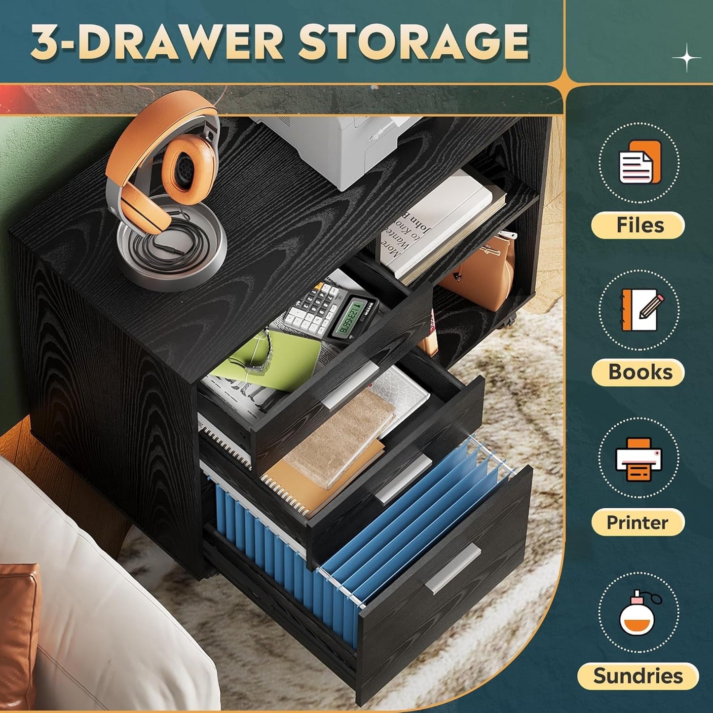 3 Drawer Mobile File Cabinet, Wood Lateral Filing Cabinet, Printer Stand with Open Shelves for Home Office, Black-3