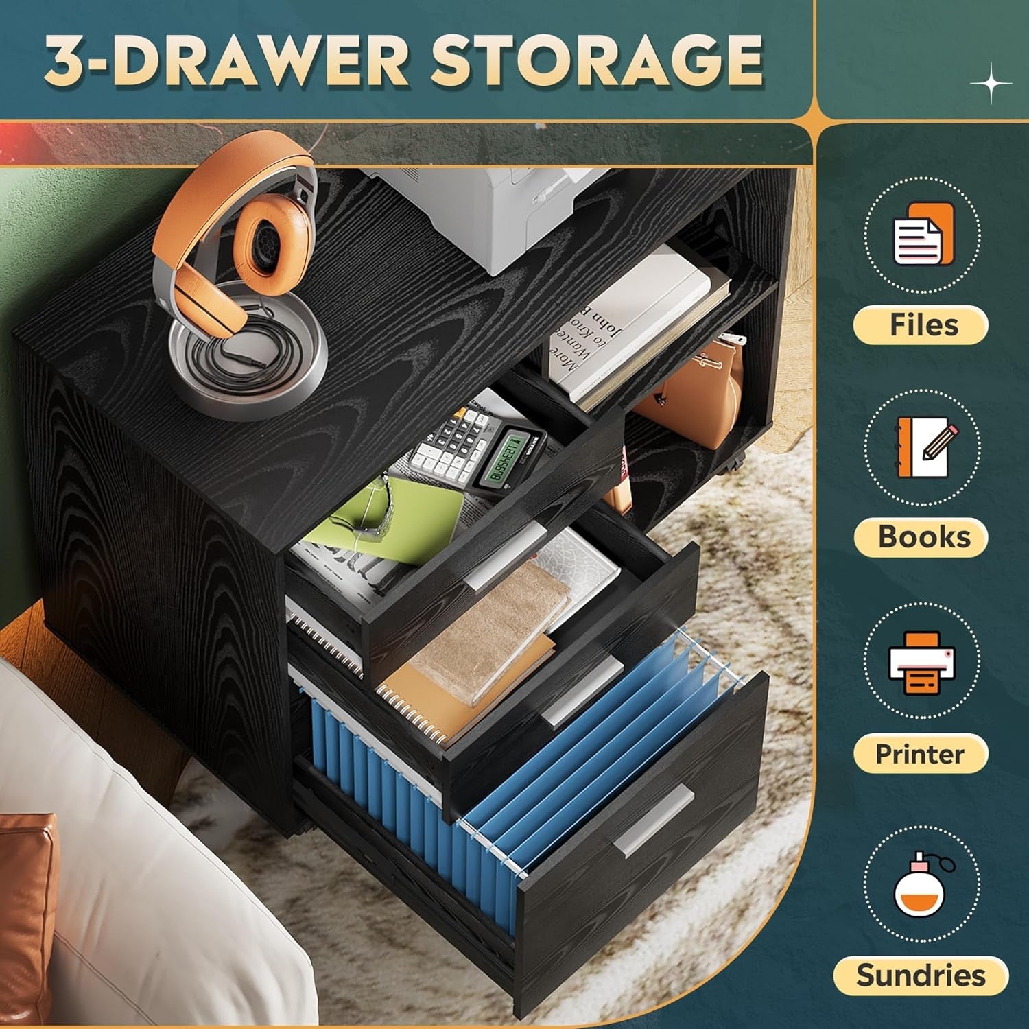 3 Drawer Mobile File Cabinet, Wood Lateral Filing Cabinet, Printer Stand with Open Shelves for Home Office, Black-3
