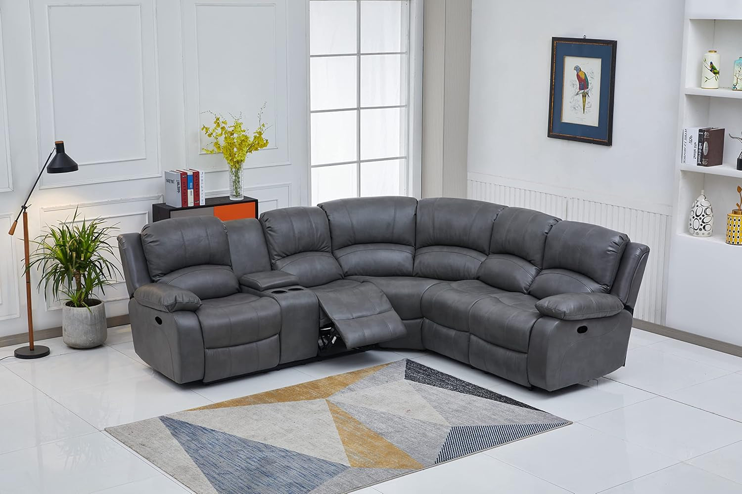 Bonded Leather Sectional Sofa 3 Recliners, Grey-0