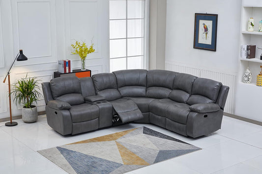Bonded Leather Sectional Sofa 3 Recliners, Grey-0