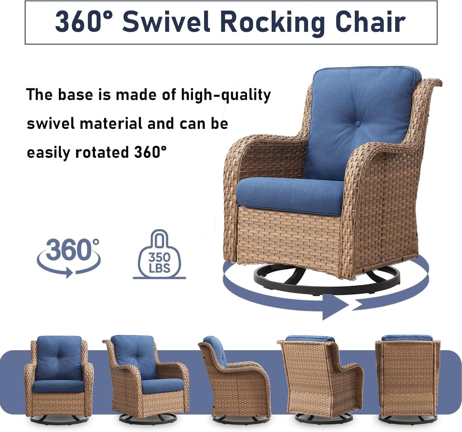 7 Pieces Patio Furniture Set with Fire Pit Table, Wicker Rattan Outdoor Furniture Set with Swivel Rocker Chairs for Yard, Deck, Garden, Yellow/Blue-1