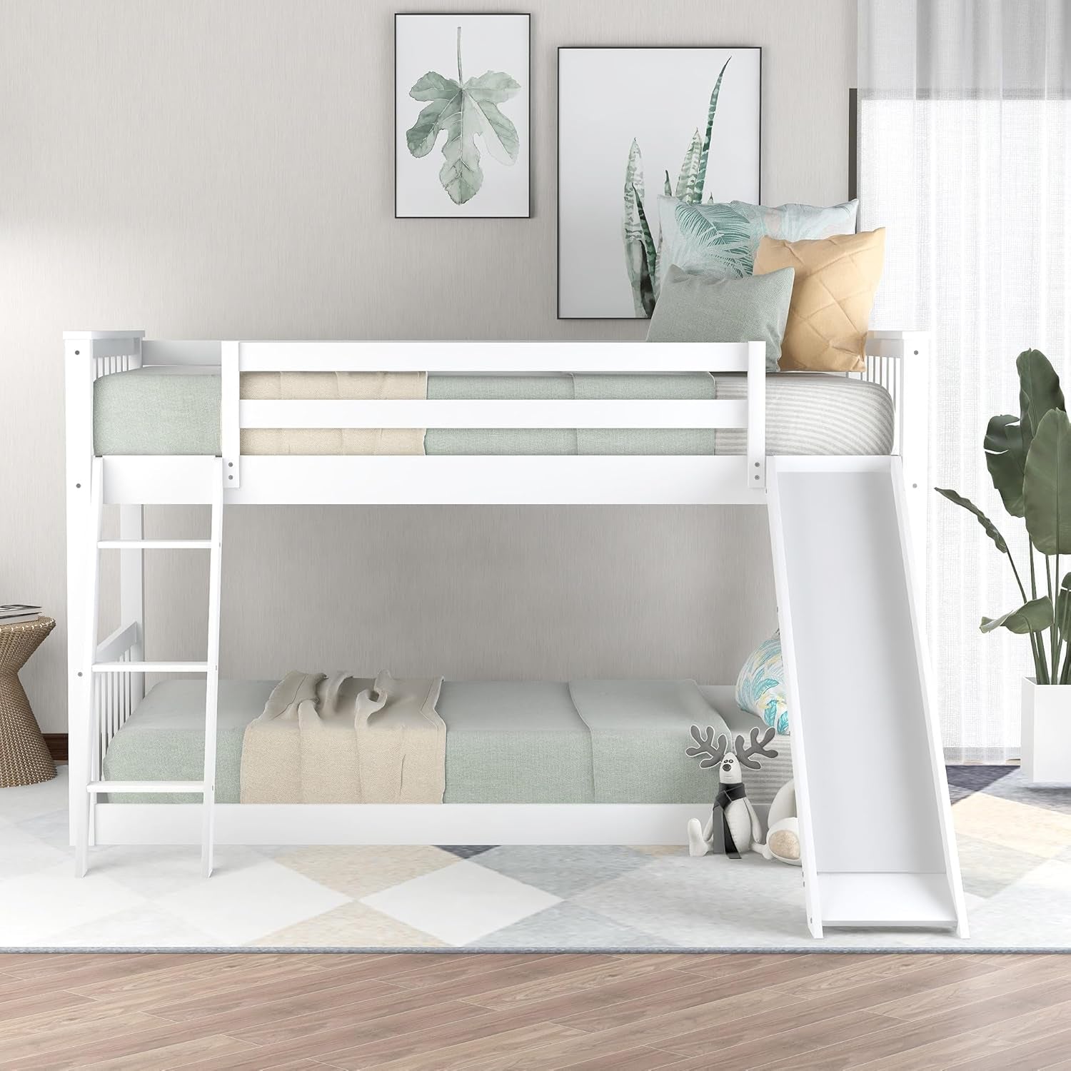 Bunk Bed Twin over Twin Size with Convertible Slide and Ladder, Heavy Duty Wood Twin Size Bunk Bedframe with Full-Length Guardrail, No Box Spring Needed, Noise Free, White-0