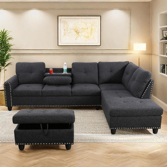 L Shaped Sectional Couches, Modular Sectional Sofa with Ottoman Storage, Nail-Head Design Lounge Sofa with Reversible Cup Holder for Living Room, Bedroom, Gray-0