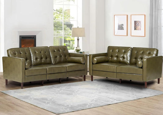 2 Pieces Faux Leather Couch Set, Upholstered 3 Seat & Loveseat Sofa with Bolster Pillows, Mid Century Modern Couch Set with Wooden Legs for Living Room, Bedroom, Office. Olive Green-0