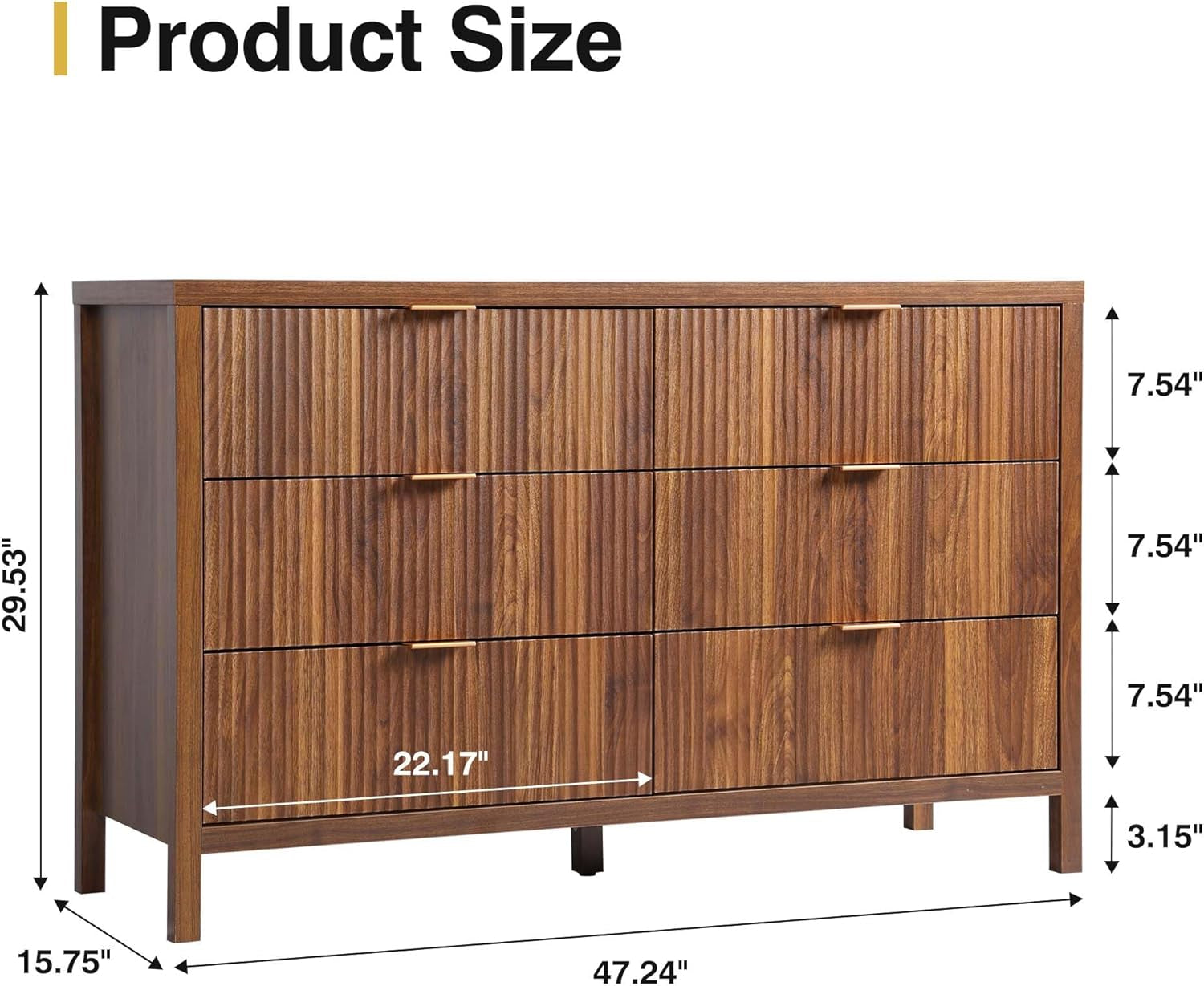 Fluted 6 Drawer Double Dresser for Bedroom, 47" Wide Modern Closet Dressers Chest of Drawers, Wood Storage Dresser Organizer for Nursery Bedroom Living Room Hallway Closet, Walnut-1