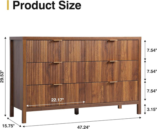 Fluted 6 Drawer Double Dresser for Bedroom, 47" Wide Modern Closet Dressers Chest of Drawers, Wood Storage Dresser Organizer for Nursery Bedroom Living Room Hallway Closet, Walnut-1