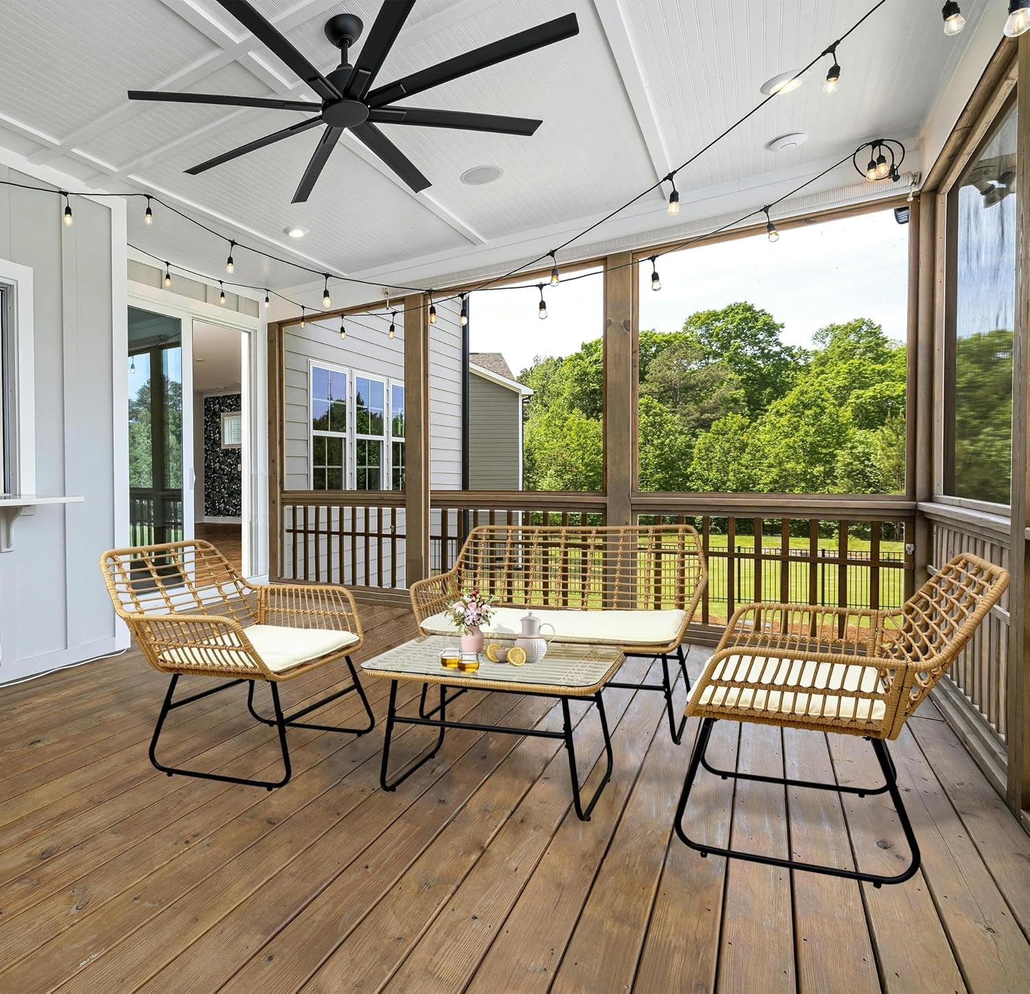 4 Piece Rattan Patio Furniture Set,Indoor/Outdoor Wicker Conversation Set with Loveseat,Chairs and Table for Garden,Porch,Yard and Poolside with White Soft Cushions-2