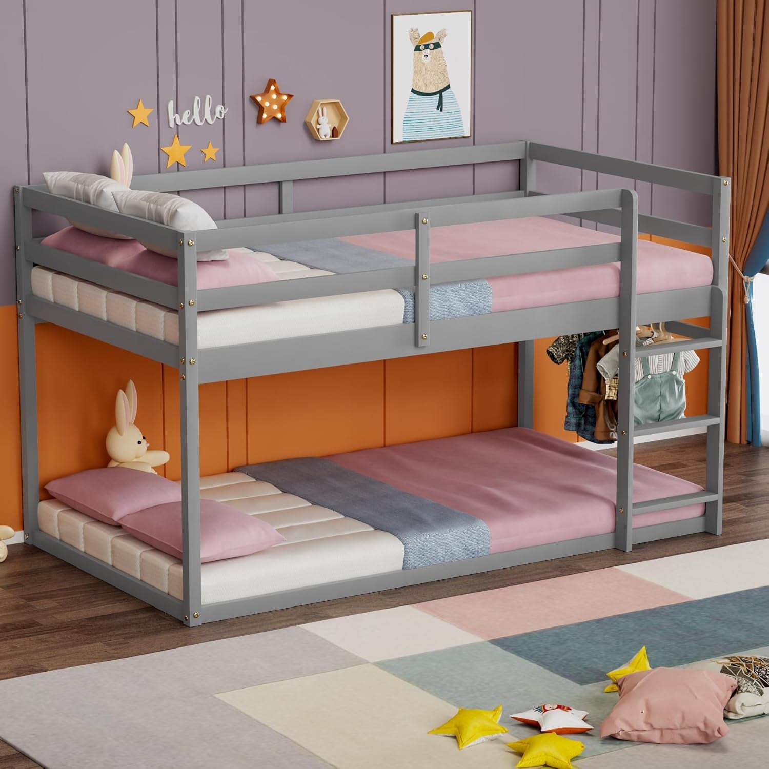 Low Bunk Bed Twin over Twin, Floor Bunk Bed with Ladder, Twin Bunk Bed with Full Guardrails, Wooden Bunk Bed for Juniors, Boys, Girls, Kids, Bedrooms (Grey)-3
